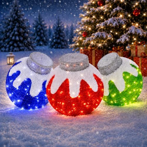 3 Pcs Outdoor Christmas Ornaments, Lighted Pop-Up Holiday Ball Decoration with 240 LED Lights, 8 Light Functions, Lighted Collapsible Christmas Outdoor Decorations for Yard, Patio, Home