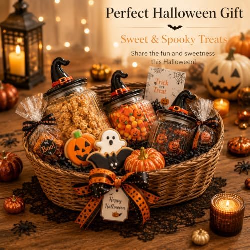 Mimorou 3 Set Halloween Glass Jar with Witchy Hat Lid Halloween Clear Candy Jar Food Storage Canister with Airtight Ceramic Lid for Fall Autumn Party Tea Cookie Table Decoration