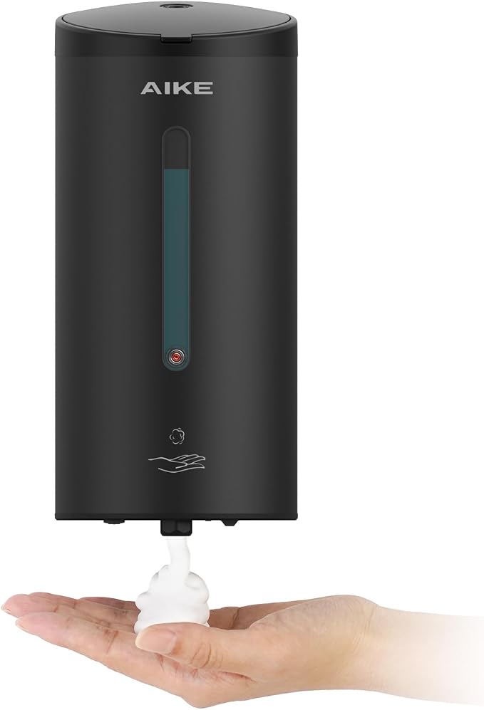 AIKE Automatic Foaming Soap Dispenser 25oz for Bathroom,Matteblack AK1205FA | Rich Foam and Stainless Steel,No-drill and Screw Wall Mount,5-Level Adjustable and Key for Commercial(Batteries Not Included)