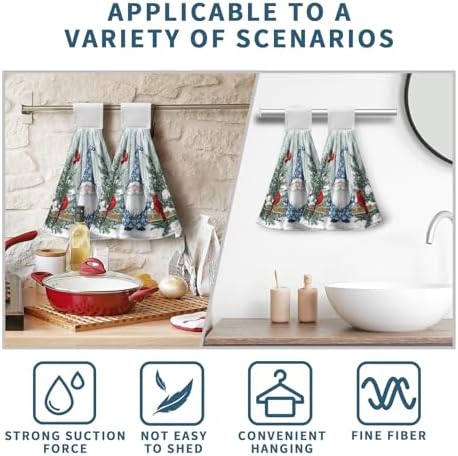 Winter Gnome Kitchen Hanging Towels Set of 2 Xmas Snowflake Pine Tree Cardinal Hand Towels with Hanging Loops Tea Bar Dish Cloths Dry Towel Soft Absorbent Bath Tie Towel for Bathroom