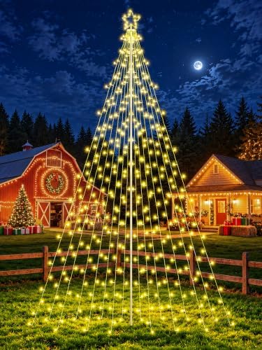 Outdoor Christmas Tree Lights with Pole, 16 FT, Warm White and Multicolor