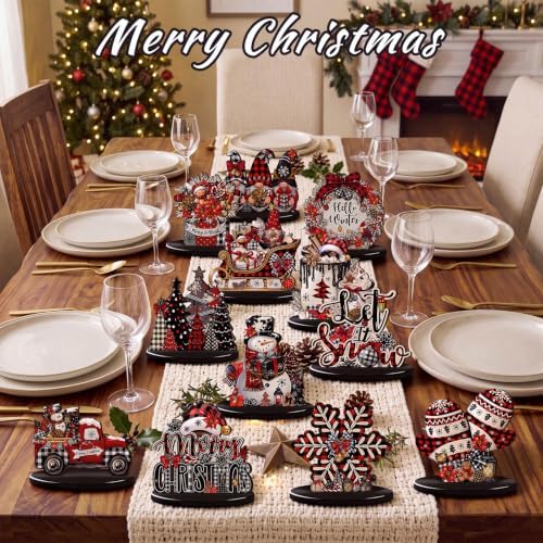 Leinuosen 12 Pcs Christmas Table Decorations Buffalo Plaid Red Black Christmas Tiered Tray Decor Wooden Gnome Santa Claus Table Centerpieces Farmhouse Xmas Decor for Home Kitchen Coffee Bar Shelf