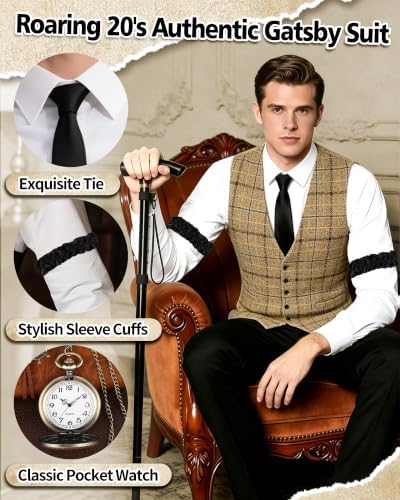 1920s Mens Costume, Roaring 20s Costumes for Men 1920s Mens Outfit with Walking Cane Vest Hat 1920 Mens Accessories