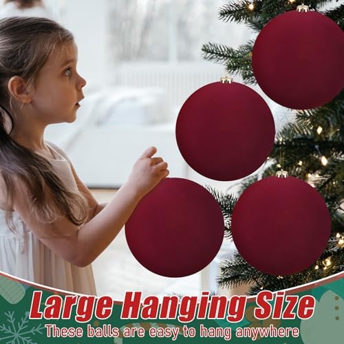 Hollowfly 12 Pcs 8 Inch Extra Large Velvet Christmas Balls Oversized Huge Big Christmas Tree Ornaments Balls for Family Holiday Xmas Tree Hanging (Red)