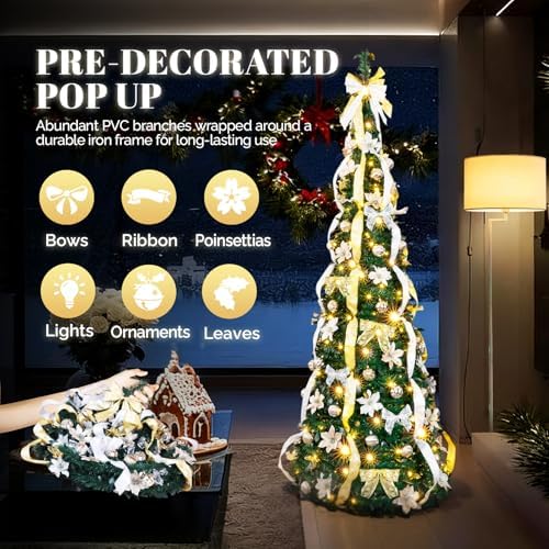 VINGLI 7ft Pop up Artificial Christmas Pine Tree with 150 Warm White Lights, Xmas Tree Holiday Party Decorations with Sturdy Metal Stand (Gold&Silver)