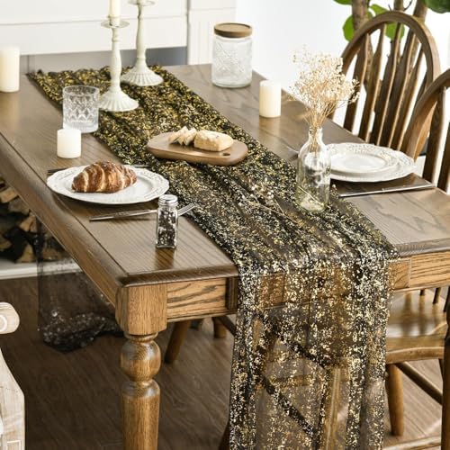Artoid Mode 3Pcs Black Gold Gauze Table Runner 120 Inch 10FT, Glitter Metallic Foil Sheer Dining Wedding Anniversary Holiday Birthday Table Decor for Home Party