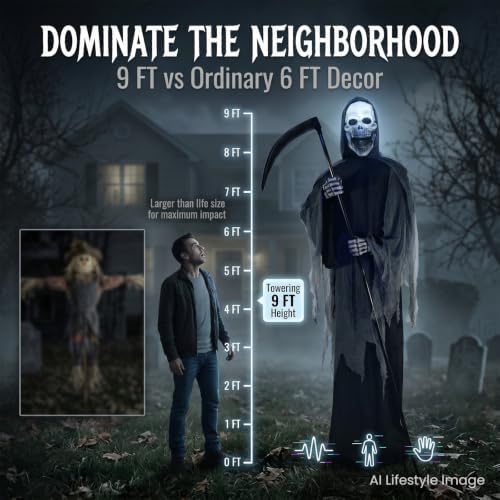 9FT Animated Grim Reaper Halloween Decoration - Sound Activated Halloween Animatronic Outdoor with Movement, Creepy Sounds and Light-Up Head, Giant Scary Reaper Prop, for Yard Porch Haunted House