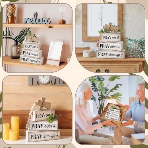 Moucuny 4 Pcs Christian Table Decor Wooden Cross Wooden Bible Verse Sign
