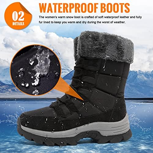 Womens Snow Boots Winter Fur Lined Waterproof Walking Boots Lightweight Outdoor Ankle Boots Ladies Warm Shoes Anti-Slip Mid Calf Boots