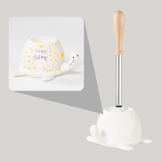 Turtle Base Toilet Brush and Holder Set - Ceramic Toilet Bowl Cleaner Brush, DIY-Paintable Toilet Base Bathroom Brush for Home & Commercial Use - White