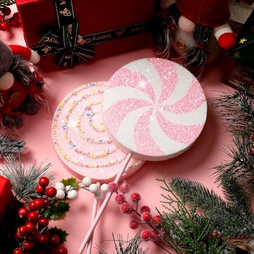 Roowest 12 Pcs 13.78'' Pastel Large Candy Christmas Decorations Giant Lollipop Candy Decoration with Sticks Macaron Peppermint Xmas Decor for Christmas Tree Ornament Holiday Party (Pink,6 Styles)