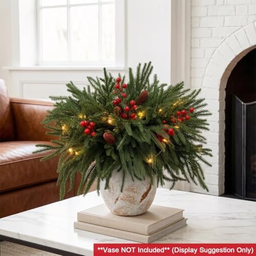 24 Piece Set: 12Pcs Norfolk Pine Branches with LED Lights, Red Berries