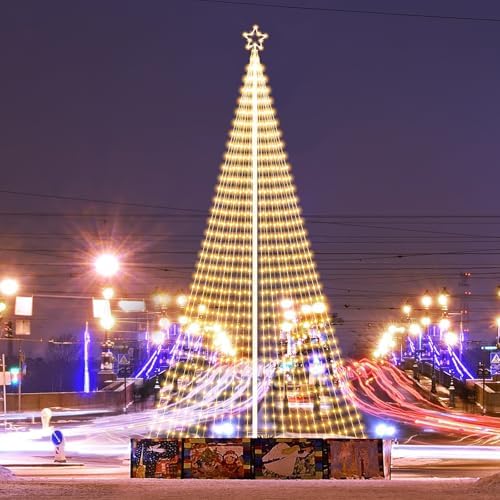 Riakrum 25ft-4072 LEDs Flagpole Christmas Tree Lights Outdoor Decorations with Star Topper, 8 Lighting Modes Pre-lit LED Flag Pole Christmas Tree Lighted Multicolor, Xmas Outside Yard Decoration