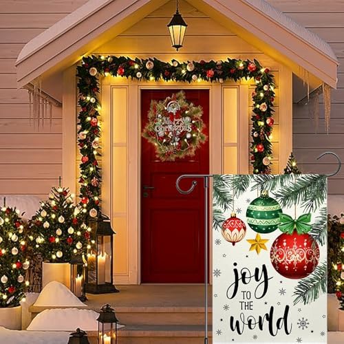 Christmas Garden Flag 12x18 Inch Joy To The World Winter Outdoor Yard Flag Double Sided Small Burlap Family Xmas Balls Holiday Yard Outside Decorative Flag (Beige)