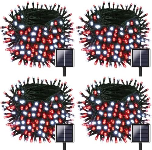 OZS 4 Pack 320LED Solar Christmas String Lights Outdoor, Waterproof 8 Modes Solar Tree Light, Green Wire Christmas Lights Outdoor for Garden, Party, Wedding, Christmas Decorations (Red&Cool White)