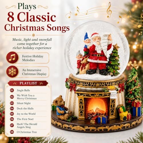 Christmas Snow Globe with Music, Santa Claus Musical Snow Globe with Automatic Snowfall, Lighted Fireplace & 8 Christmas Songs, Large Christmas Decorations Indoor for Mantel Tabletop Holiday Decor