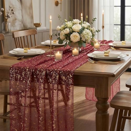 Artoid Mode Burgundy Gold Gauze Table Runner 120 Inch 10FT, Glitter Metallic Foil Sheer Dining Wedding Anniversary Holiday Birthday Table Decor for Home Party