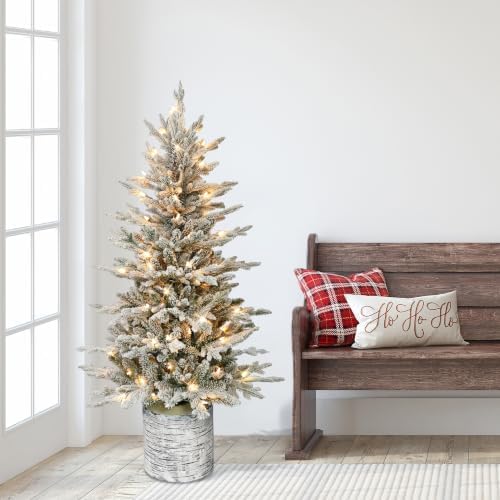 Puleo International 4.5ft Pre-Lit Potted Flocked Arctic Fir Christmas Tree
