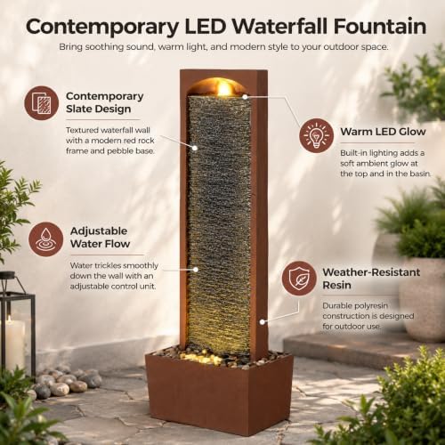 Teamson Home 38.5" Faux Slate Outdoor LED Waterfall Fountain, Red Rock