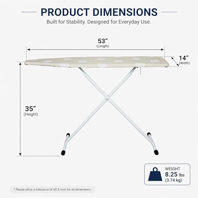 T-Leg Ironing Board with Perforated Top, Adjustable Height up to 35", Foldable Design for Compact Storage, Heavy Duty Steel Frame, Non-Slip Feet, 53" x 14" Full Size Beige