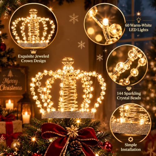 Christmas Tree Topper Star 60 LED Jeweled Crown with Remote USB Xmas Decor