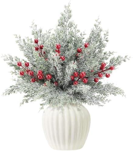 80 Pcs Artificial Christmas Snow Pine Branches Red Berry Stems Faux Sprigs