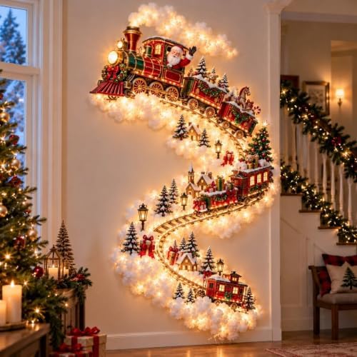 Christmas Magic Trail Wall Light -3D LED Glowing Christmas Scene Wall Decoration, Santa Sleigh Reindeer Hanging Decoration Indoor Holiday Decor for Living Room, Festive Xmas Gift，Train