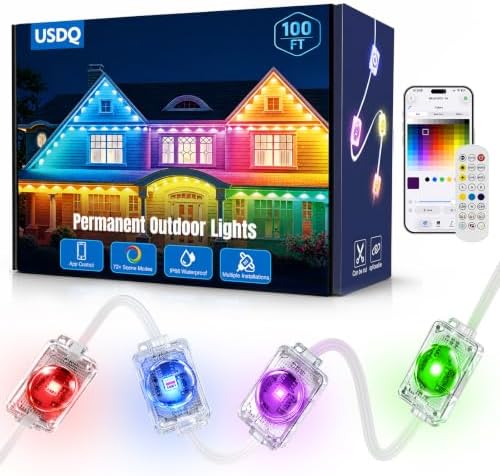 Permanent Outdoor Lights, 100ft RGBWW Smart LED Eaves Lights with Warm/Cool White, Local Bluetooth App Control IP67 Waterproof Architectural House Exterior Lighting for Daily Accent