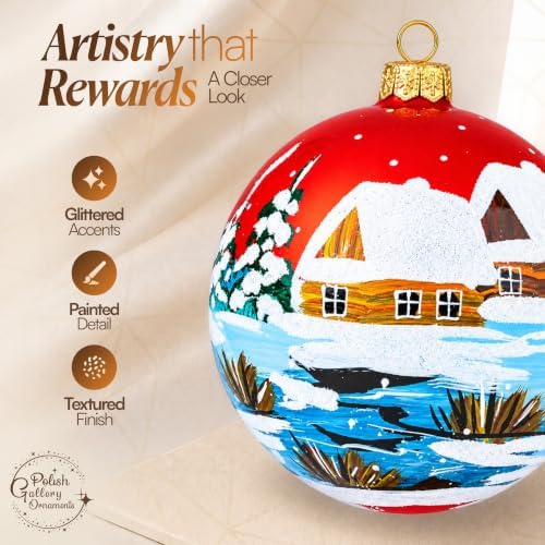 Polish Hand Blown Glass Christmas Ornaments Ball, Cottage Red Blue 5 in
