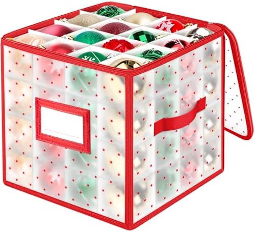 BlessedSeason Christmas Ornament Storage Box with Adjustable Dividers, Store up to 64 3-inch or 36 4-inch Christmas Ornaments, Plastic Xmas Storage with Zippered Closure & Two Handles