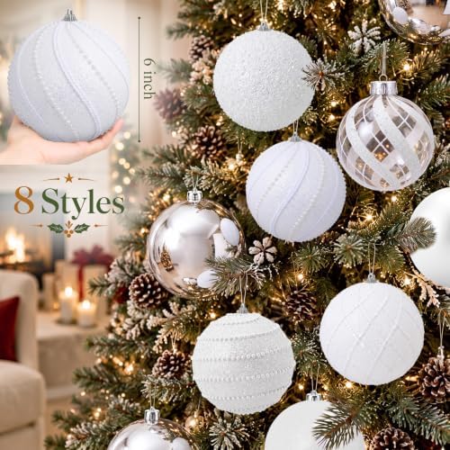 Lyrow 8 Pcs 6'' Large Christmas Ball Ornaments White Silver Xmas Ornaments