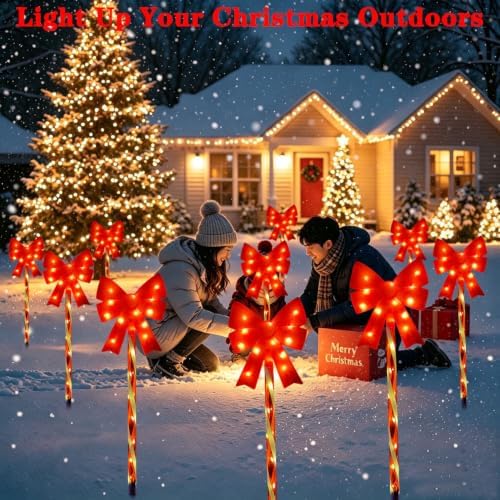 Outdoor Christmas Decorations Solar Pathway Lights, Set of 5 Red Bow Candy Stake Lights, Waterproof Solar Christmas Lights for Holiday Display Yard Garden Lawn Winter Party Xmas Decor