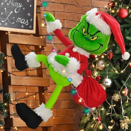 Christmas Green Monster Decorations, 23.6in Light Up Green Santa with LED String Lights Christmas Tree Ornaments, Pose-able Stuffed Doll for Outdoor Indoor Lawn Decoration