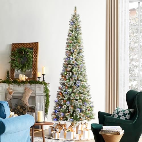 Glitzhome 9ft Prelit Christmas Tree, Artificial Christmas Trees, Portland Cashmere Pine Pencil Tree with 350 Warm White/Multi-Color C3 Clear LED Lights, 9 Function w/Remote Control, Easy Assembly