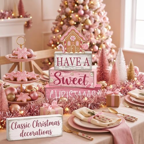 Lineshading 4 Pcs Pink Christmas Table Decor, Sweet Gingerbread Block Sign
