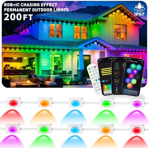 LITSOUL 200FT Permanent Outdoor Lights for House RGB+IC, Chasing Effect Smart RGB+IC Eave LED Lighting with 16 Million Colors, Waterproof Outdoor Strip Lights for Christmas Halloween Holiday Daily