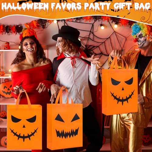 Sanwuta 96 Pcs Halloween Tote Gift Bags 14.9 x 11.8 Large Treat or Trick Pumpkin Reusable Non Woven Candy Goodies Bag for Halloween
