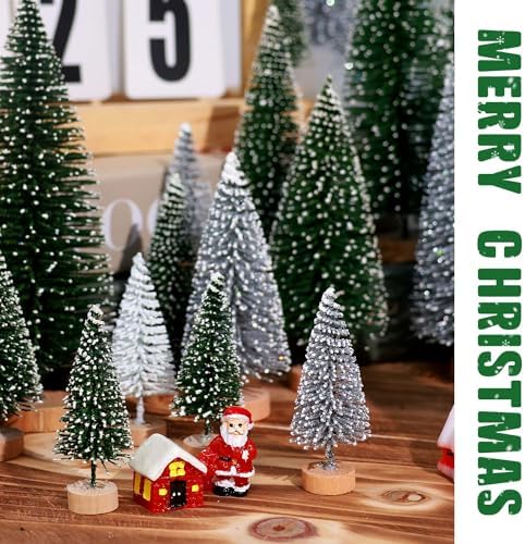 30Pcs Mini Christmas Trees Artificial Christmas Tree Bottle Brush Trees with Wooden Base for Christmas Decor Party Home Table Craft Decorations(Green+Silver+White)