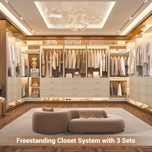 Aheaplus Closet System with 6 Drawers, 4 Hanging Rods & Corner Tower, Corner Closet System with Hanging,80.9" L-Shaped Walk-In Wardrobe Organizer, 2000+ lbs Capacity, Set of 3, White Oak