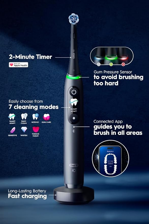 Oral-B Rechargeable Electric Toothbrush, iO9 Genius, 7 Cleaning Modes, Interactive Display, Charging Travel Case, Visible Pressure Sensor, 4 Brush Heads, White Alabaster