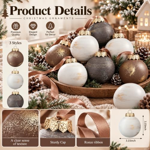 Yunlly 12 Pcs Neutral Christmas Ornament, Bronze Taupe Ivory, 3.15''