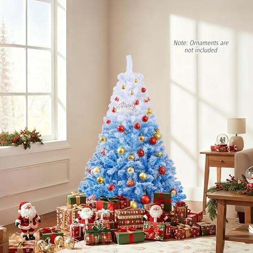 HAPPYGRILL 5 FT Pre-lit Flocked Christmas Tree Blue Hinged Xmas Tree with 456 Branch Tips, 180 Warm White LED Lights & Folding Metal Stand, for Home Office Carnival