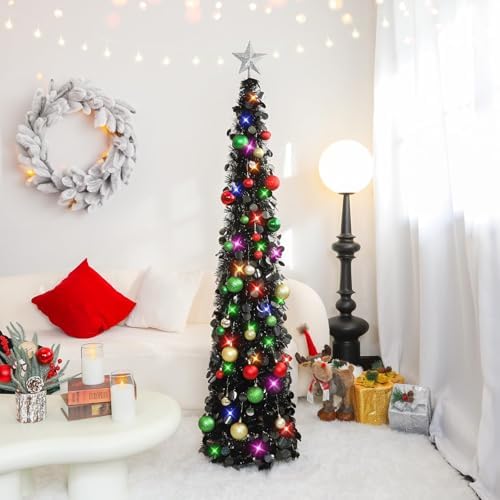N&T NIETING Pop Up Black Tinsel Christmas Tree, 5Ft Collapsible with Lights & 30 Balls, Skinny Christmas Tree Decor for Holiday Xmas Home Office