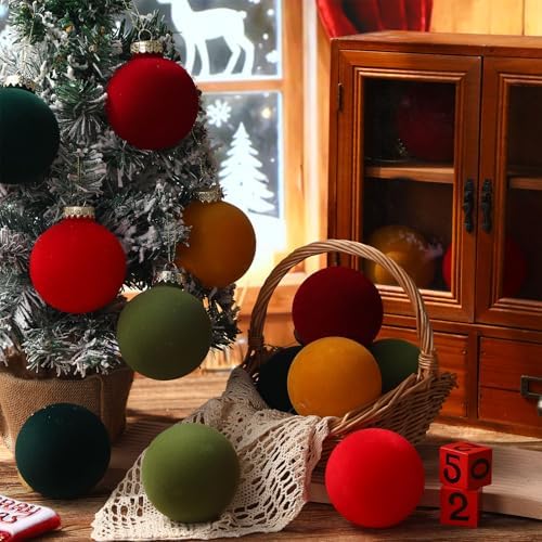Gemscream 30 Pcs Velvet Christmas Balls, 3.15" Flocked Blue Ornaments, Red