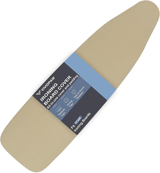 VividPaw Ironing Board Cover and Pad ONLY, Standard Size 15x54, Thick Padding, Elastic Edge, Silicone Coated, Adjustable Fastener, Heavy Duty Padded Iron Board Covers (Sandy Beige, 15" x 54")