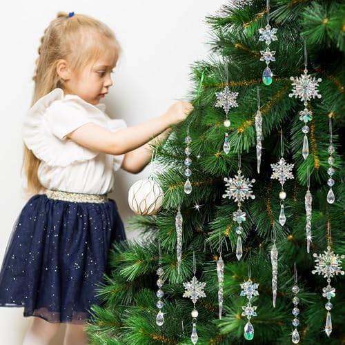 Crystal Christmas Tree Ornaments, 32pcs Iridescent Acrylic Snowflake Icicle