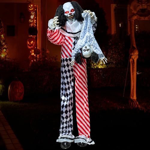 JOYIN Halloween Animatronics Clown Holding Doll, Life Size Halloween Decoration Outdoor with Motion & Sound & Light, IR Sensor Activated Animated Decor for Party Supplies Haunted House Yard Lawn