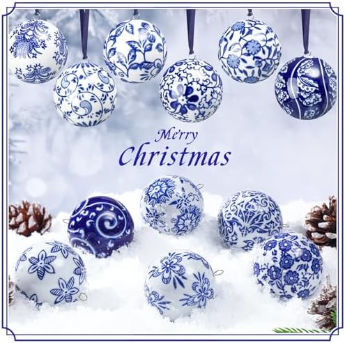 Cindeer 12 Pcs Blue and White Christmas Porcelain Balls, Elegant Style