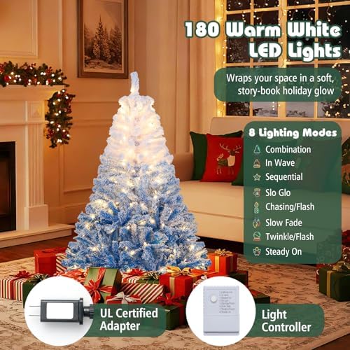 HAPPYGRILL 5 FT Pre-lit Flocked Christmas Tree Blue Hinged Xmas Tree with 456 Branch Tips, 180 Warm White LED Lights & Folding Metal Stand, for Home Office Carnival