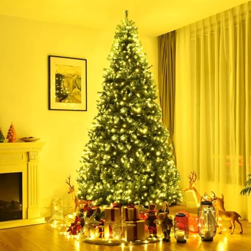 HAPPYGRILL 9FT Pre-lit Artificial Christmas Tree with 2944 PVC Branch Tips and Foldable Base, Premium Spruce Tree Hinged Xmas Tree with 1000 Lights, 11 Color Modes for Holiday Decoration